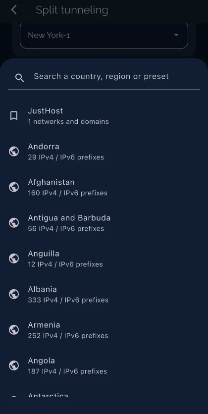 The traffic preset picker listing countries with their network prefix counts